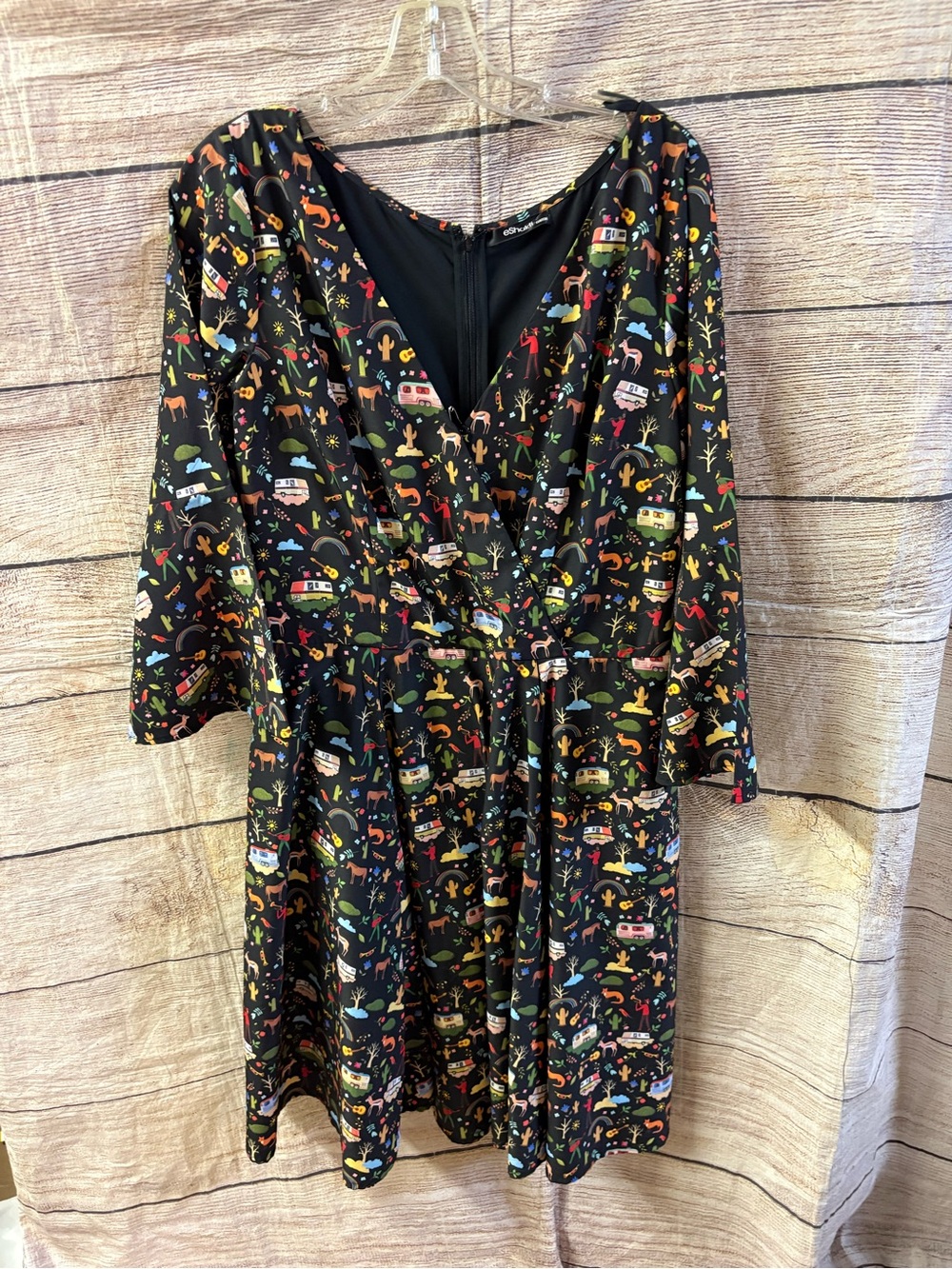 😍 eshakti Black Caravan & Nature Print Wrap-Style Dress